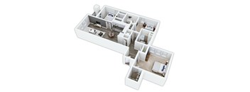 A 3D floor plan of a house with multiple rooms.